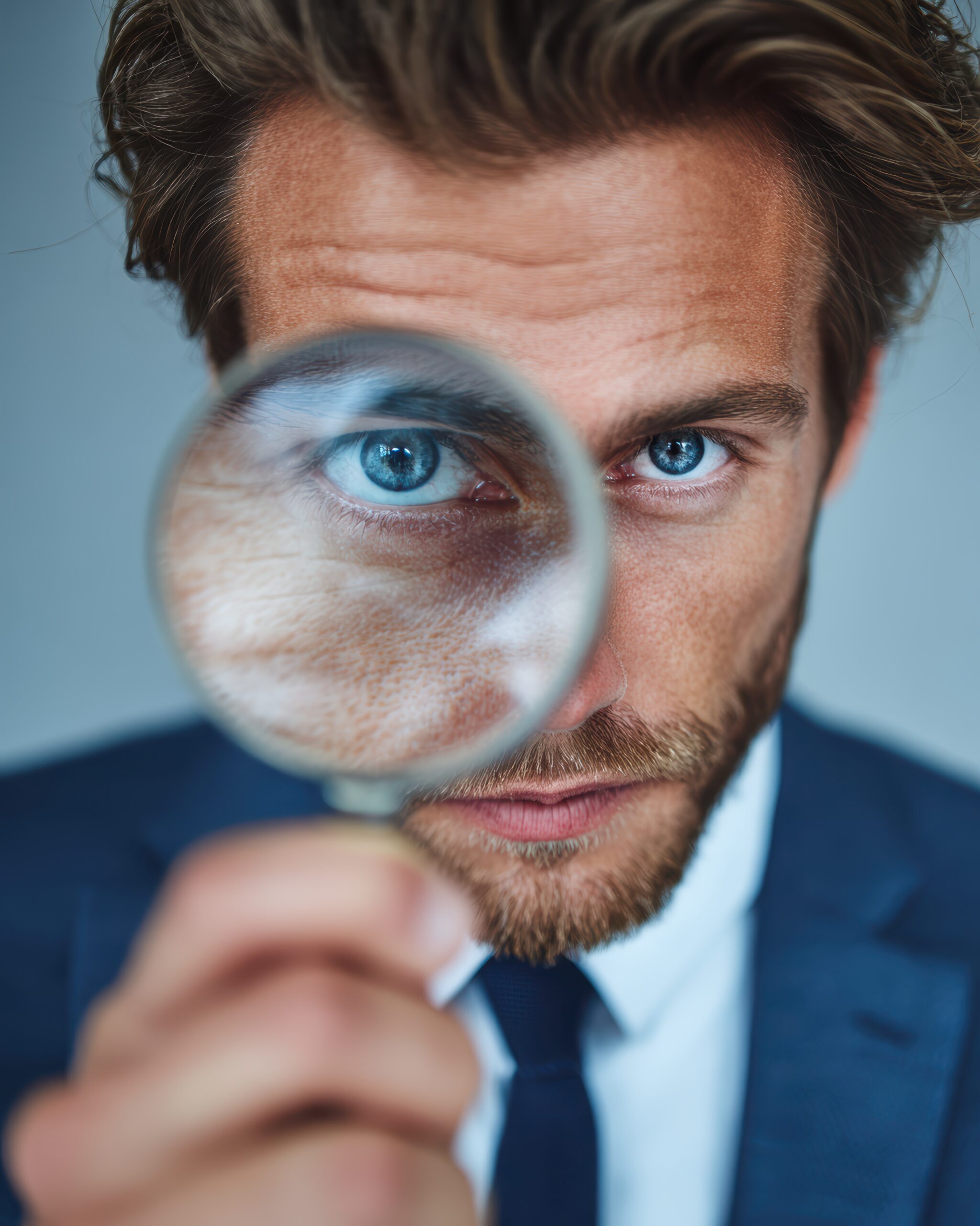 Intrigued Analysis: A sharply dressed figure peers intently through a magnifying glass, focusing on a keen eye, the image exudes an air of meticulous examination and focused investigation. Ihr zuverlässiger Partner für Klimaanlagen und Klimatechnik - Analyse, Planung und Installation von Klimaanlage